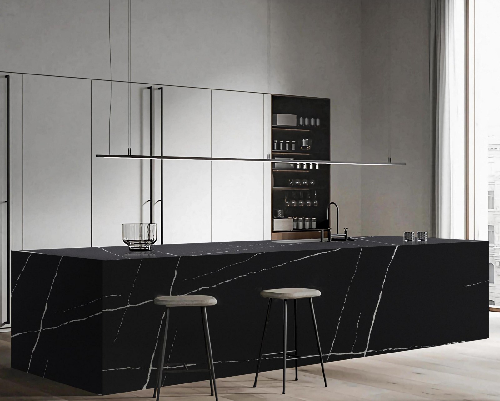 Sleek Black Veined Silica-free Quartz Stone projects