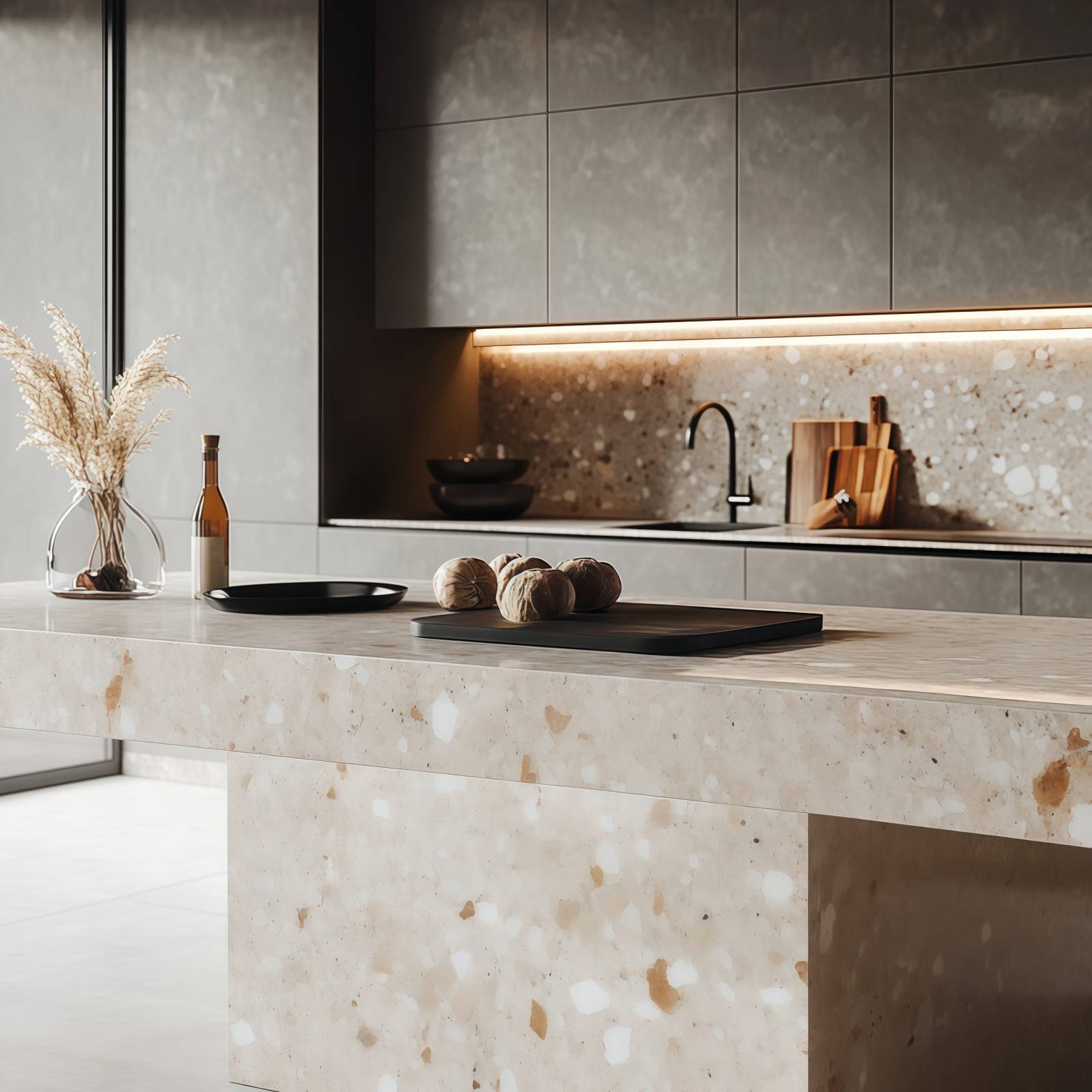 shiny surfaces with quartz and marble aggregates