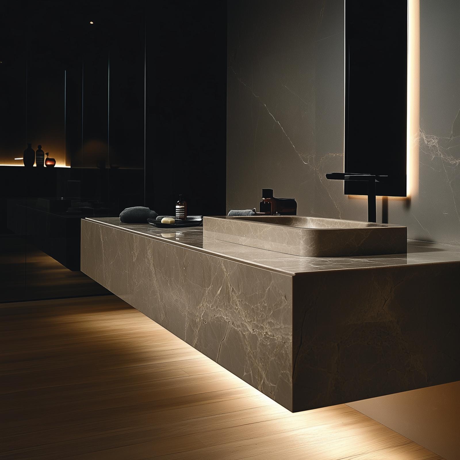 glossy artificial stone vanity top with contemporary fixtures