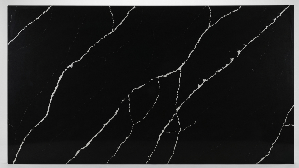 Black quartz slab with white linear veining