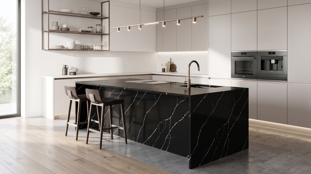 High-contrast black and white quartz surface