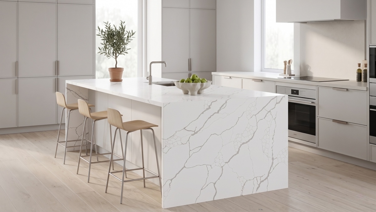 Calacatta White Quartz for waterfall island