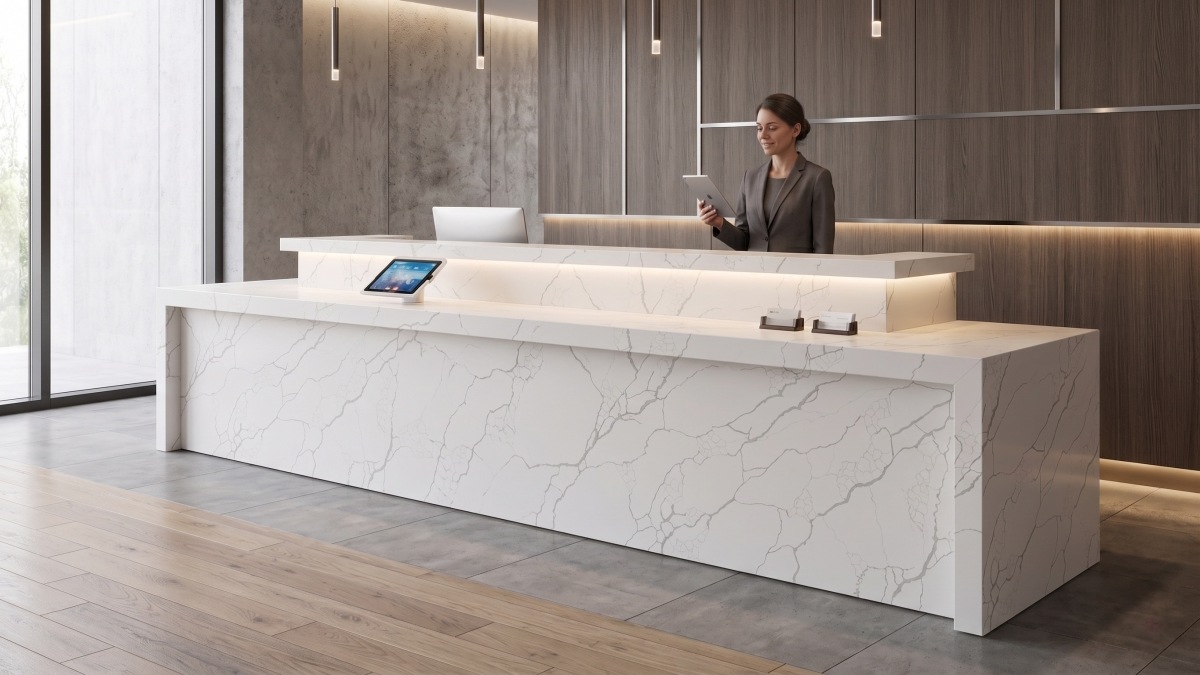 Soft grey veined white quartz surface detail