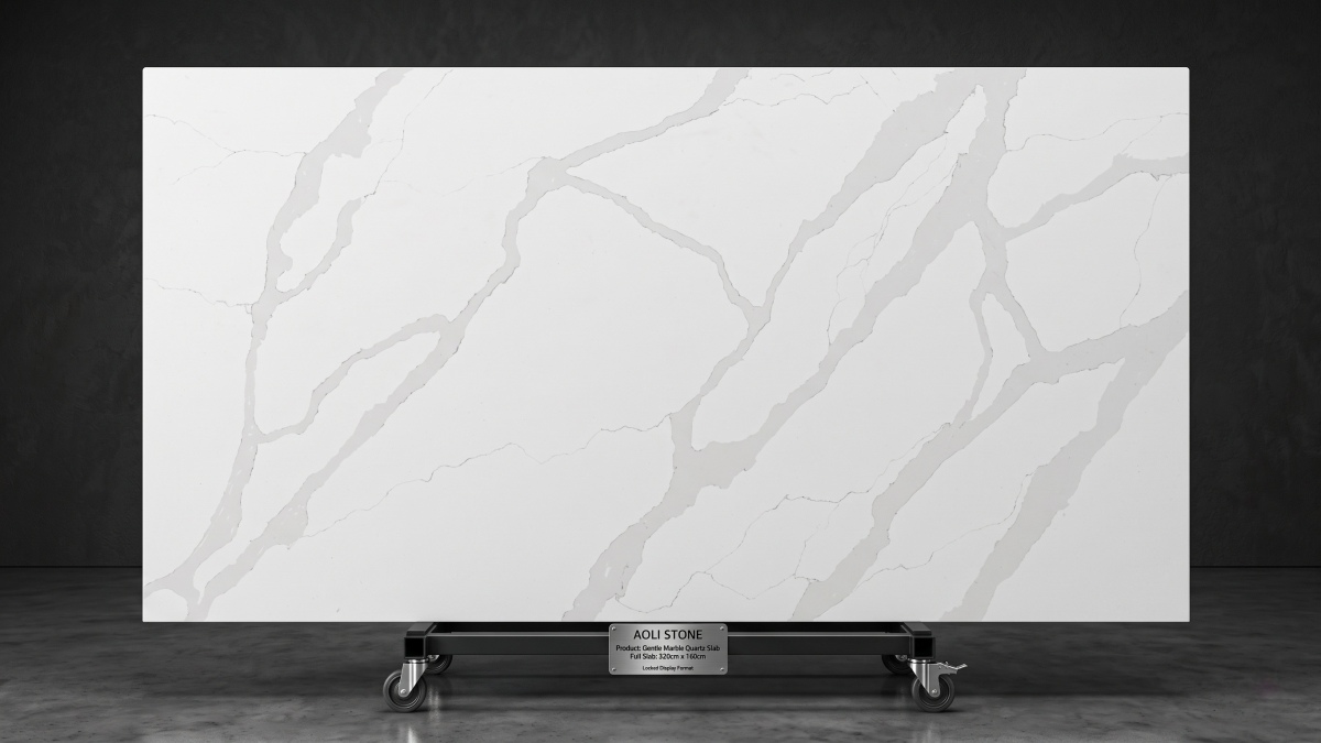 Full slab view of Soft Calacatta Quartz on display rack
