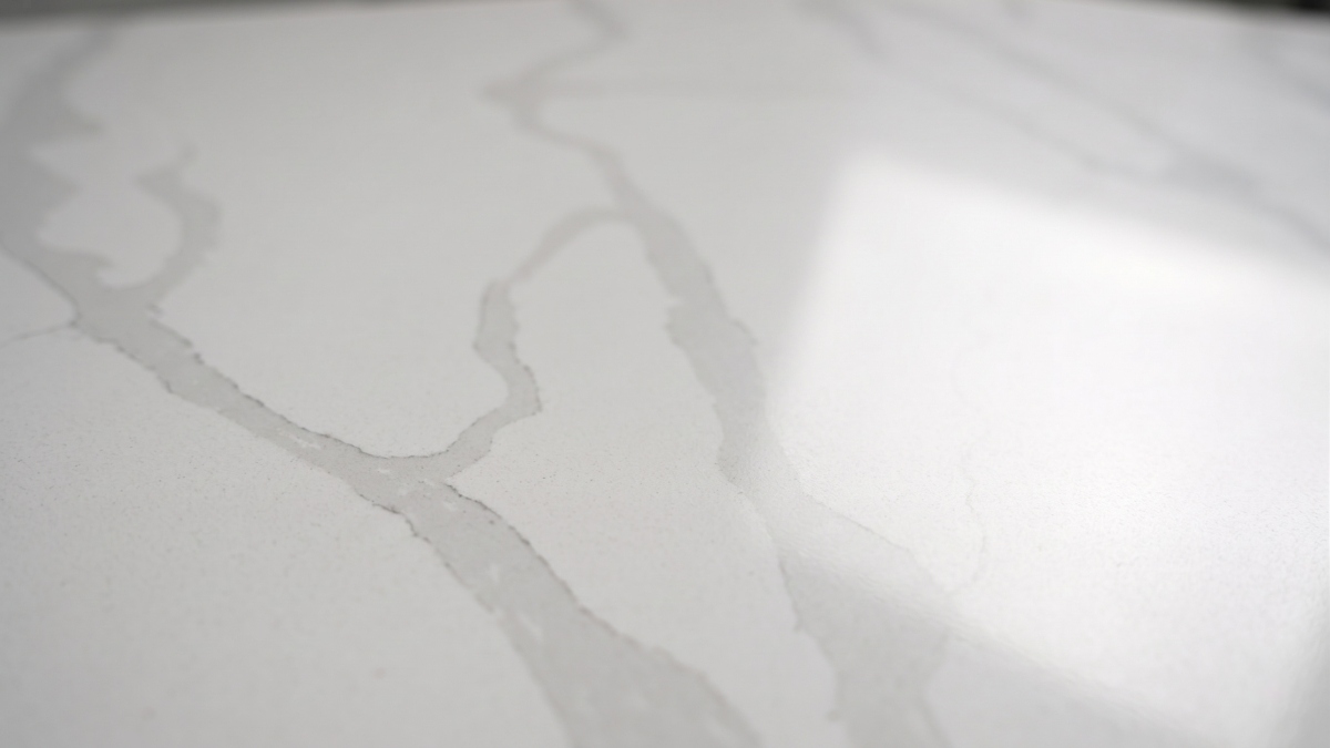 Polished Soft Calacatta Quartz surface detail