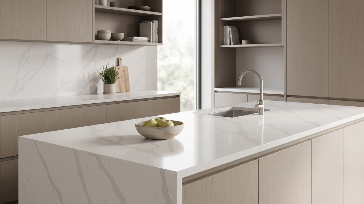 Polished Soft Calacatta Quartz surface detail coutertops