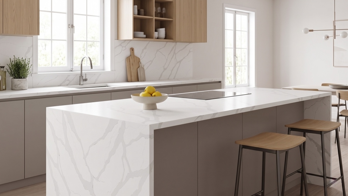 Soft Calacatta Quartz kitchen countertop with waterfall island