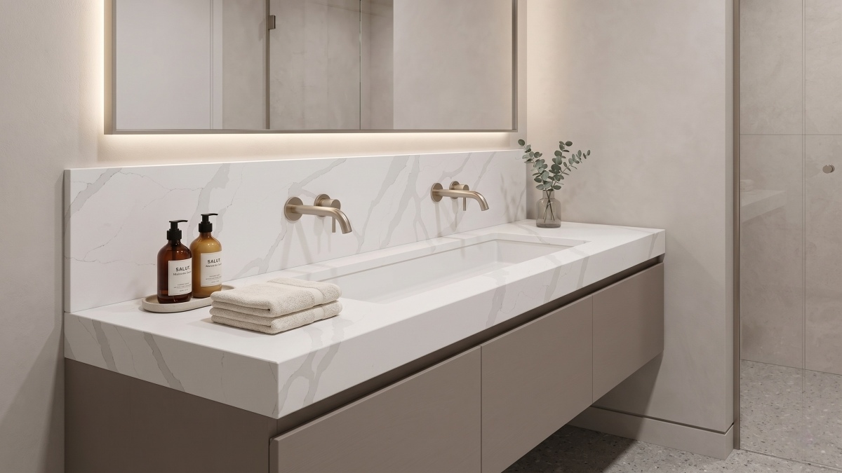 White quartz vanity top in a modern bathroom interior