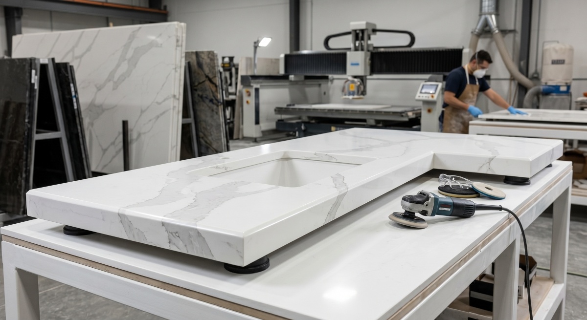 Fabricated Soft Calacatta Quartz edge and cutout detail
