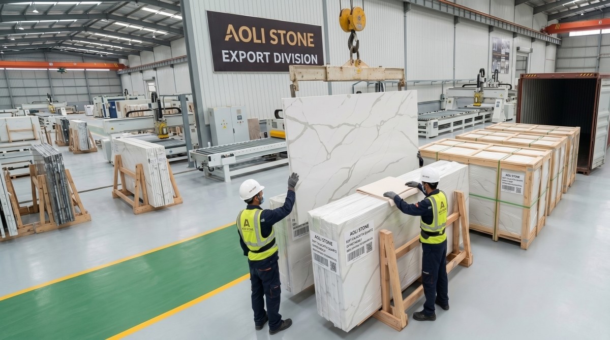 Aoli Stone quartz slab packaging and factory loading view