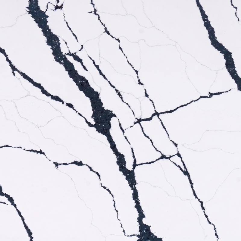 Arctic Rift Quartz slab with white base and deep blue black veining