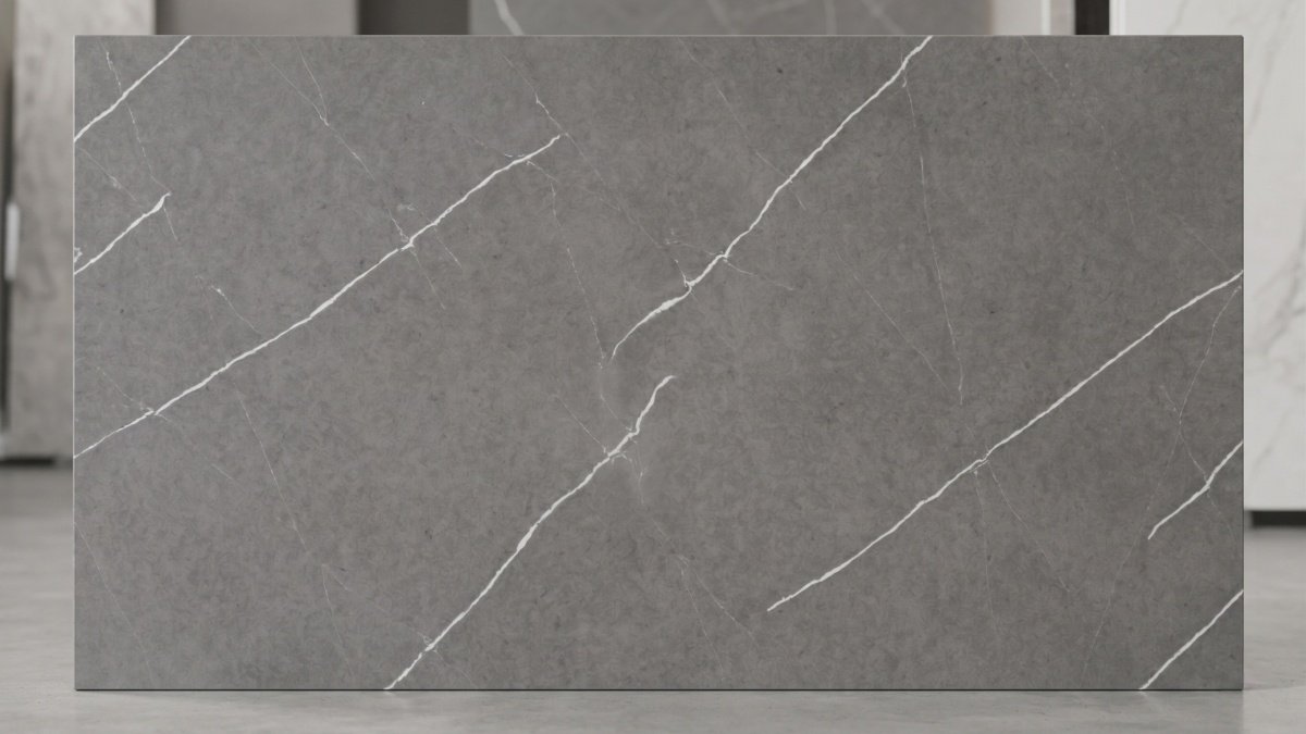 Slate Grey Veined Quartz full slab with fine white linear veining on a calm grey background 