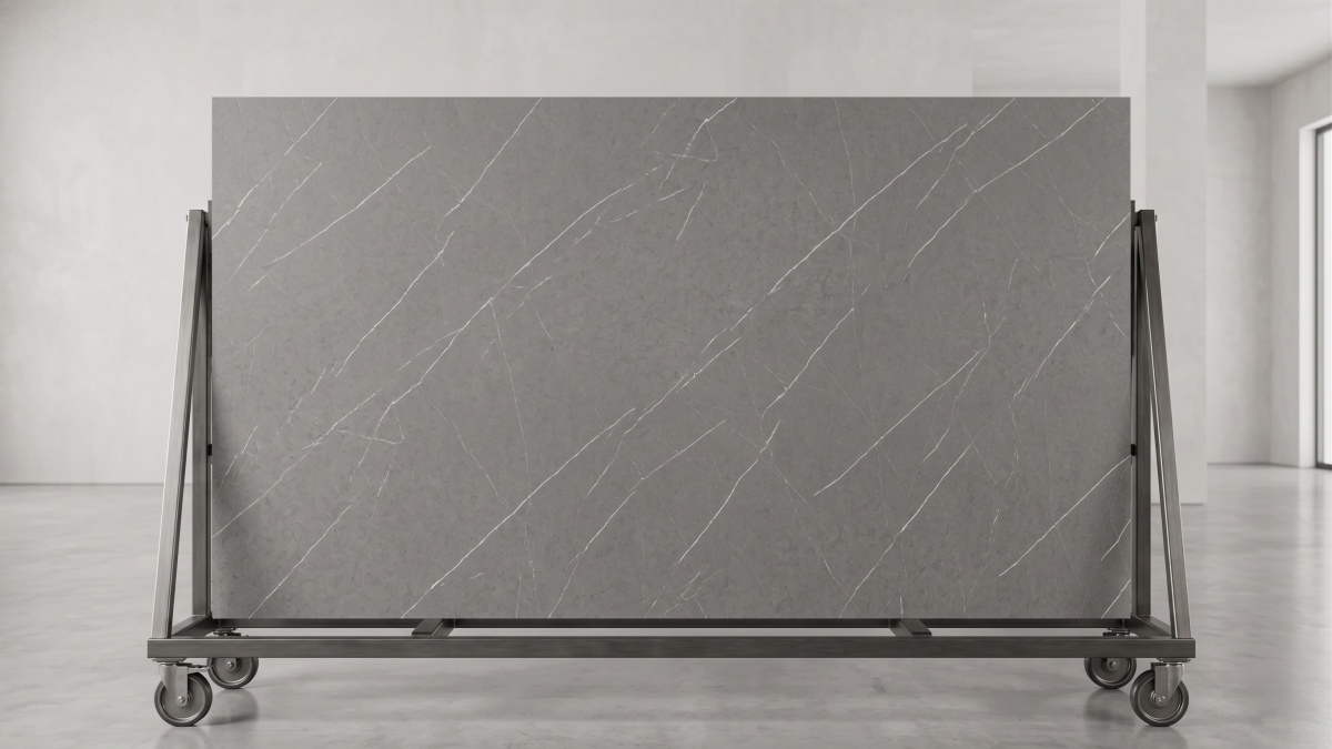 Front-facing slate grey quartz slab displayed on a wheeled rack in a professional showroom 