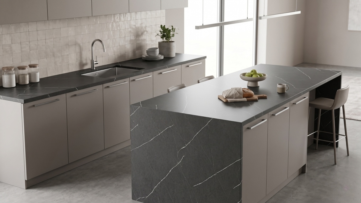 Slate grey veined quartz installed on a modern kitchen countertop and island