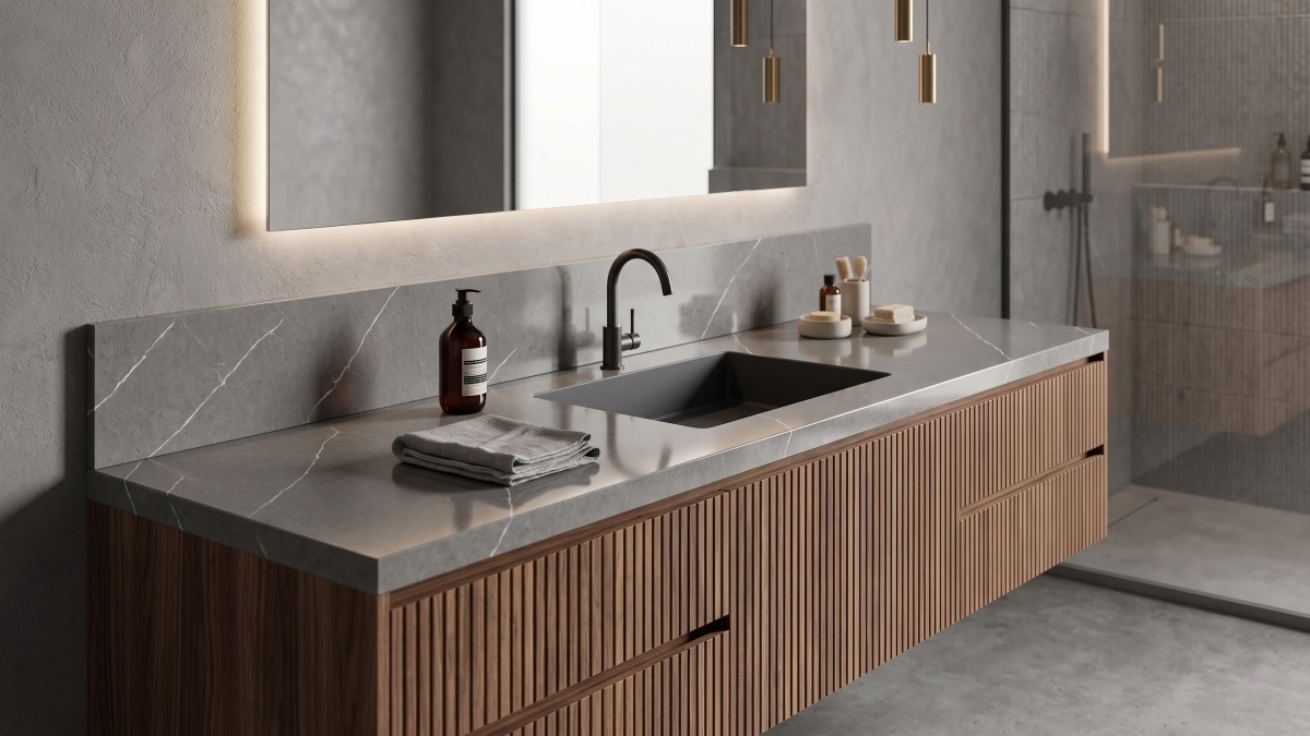 Grey engineered stone vanity top with fine white veins in a modern bathroom 