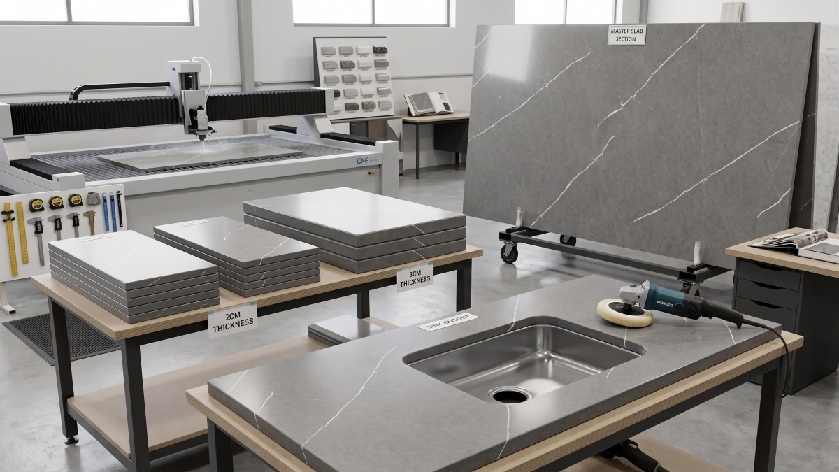 Fabrication edge detail of grey quartz slab with polished finished profile