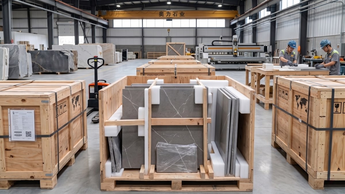 Slate grey quartz slabs packed in strong wooden export crates inside a clean factory 