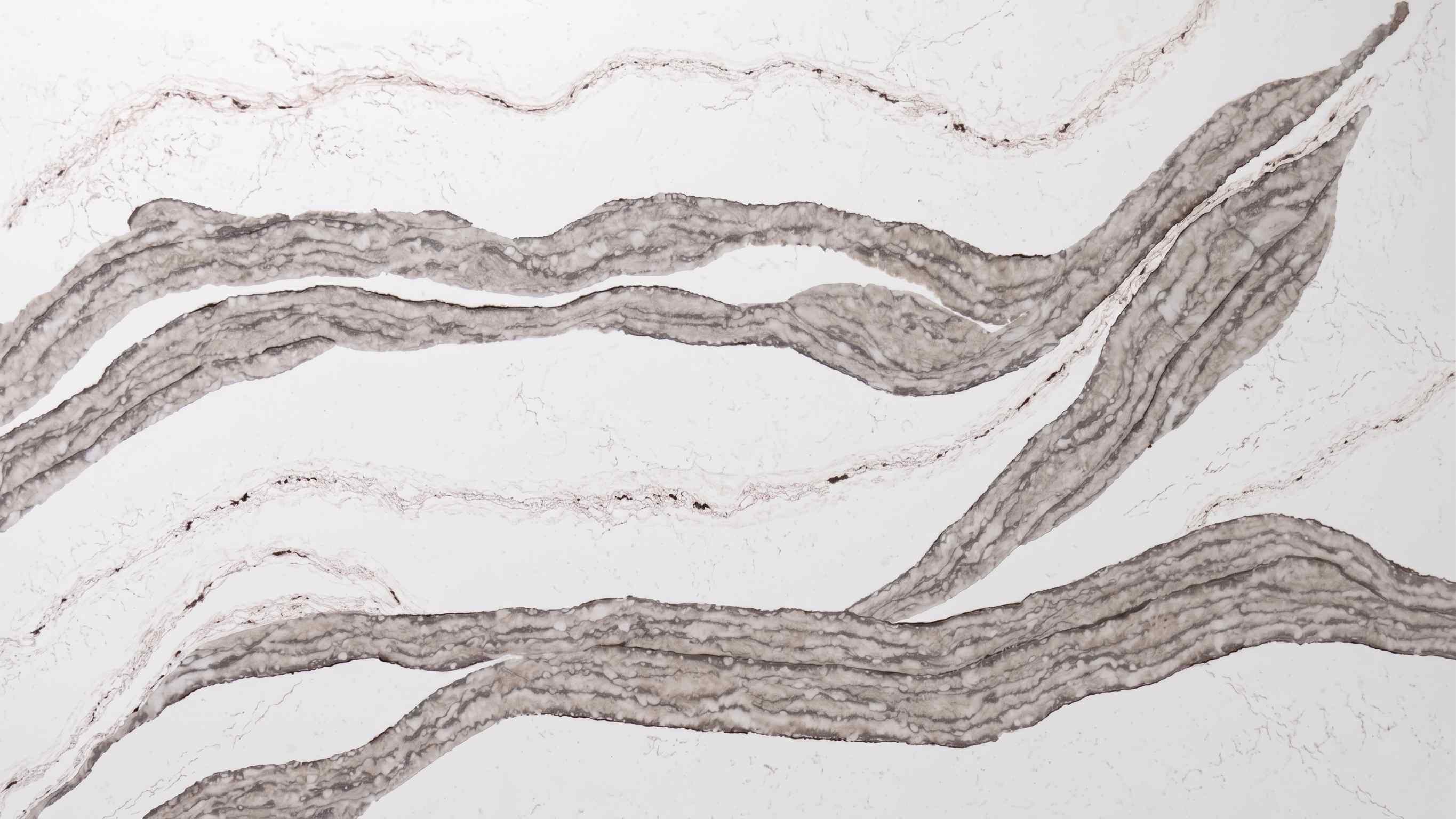 Pristine Organic Mountain quartz slab with layered taupe-grey veining