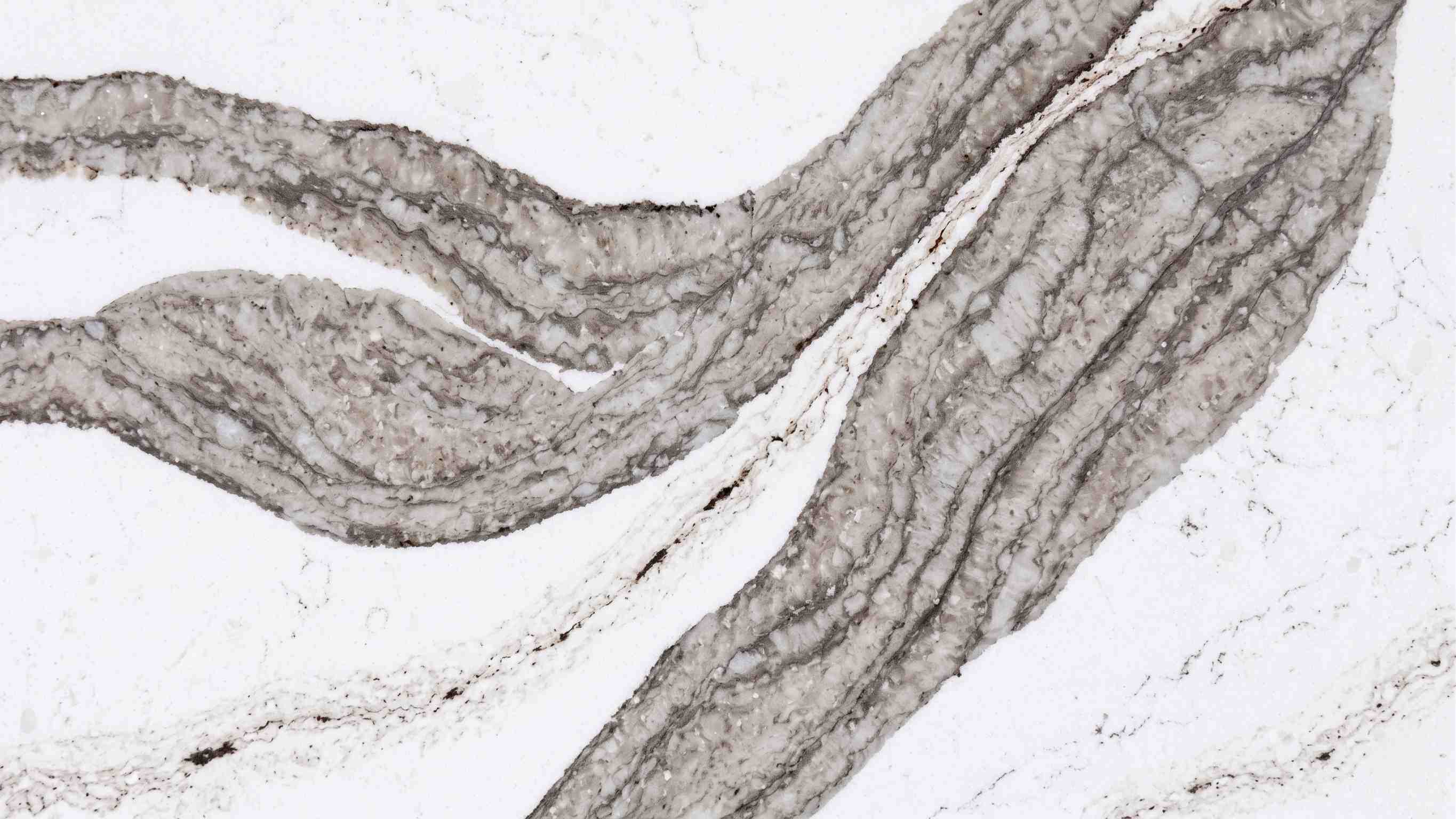 White engineered quartz slab inspired by natural mountain strata 