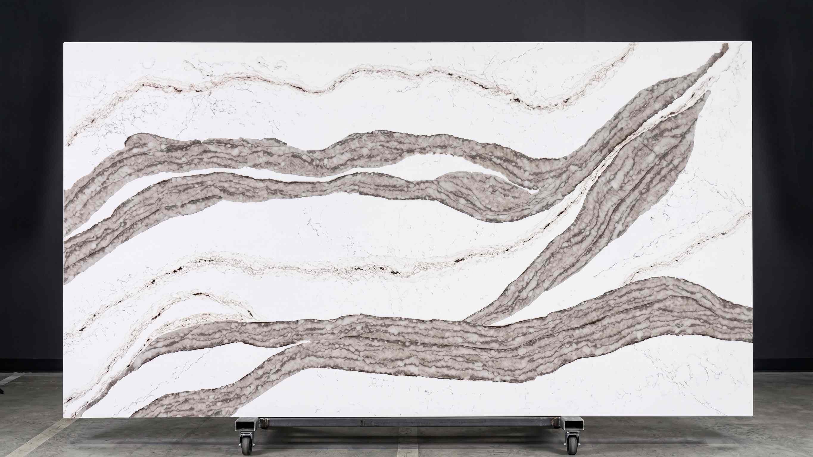 White engineered quartz slab inspired by natural mountain strata