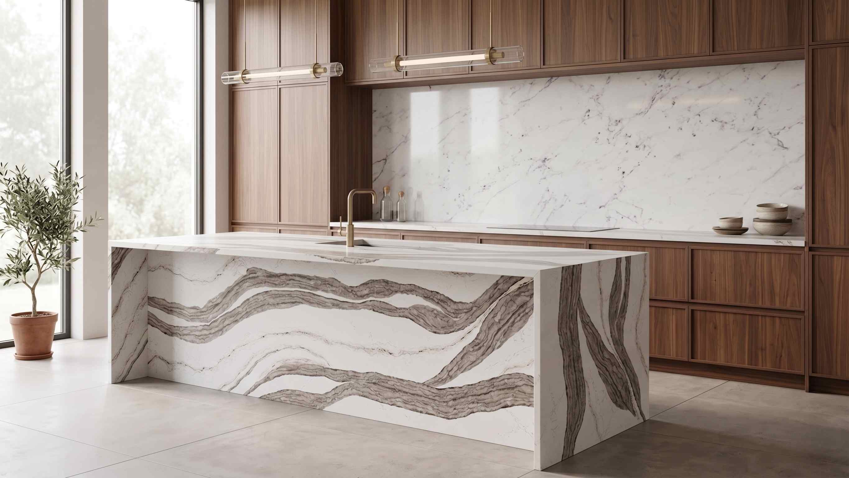 Statement quartz waterfall island slab with mountain-inspired design