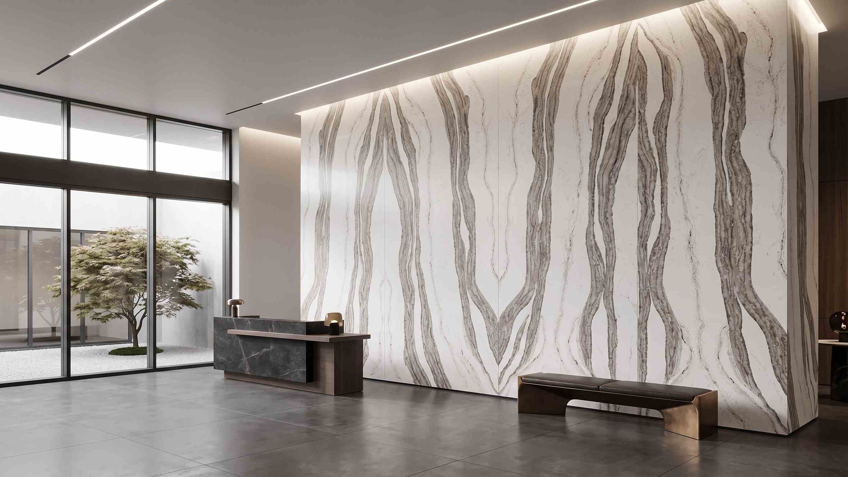 Layered taupe-grey veined quartz slab for modern wall