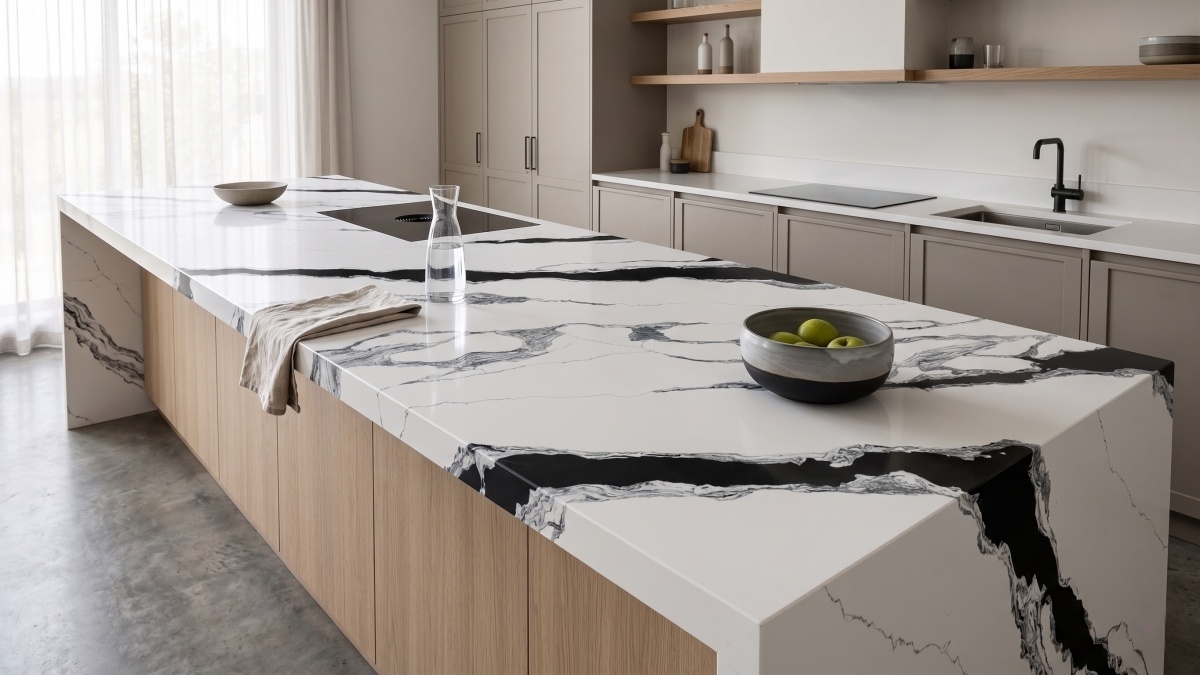 Panda White quartz countertop slab for statement kitchen islands
