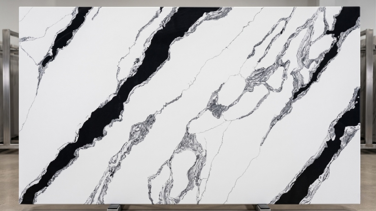 Panda White quartz with high-contrast black and white pattern