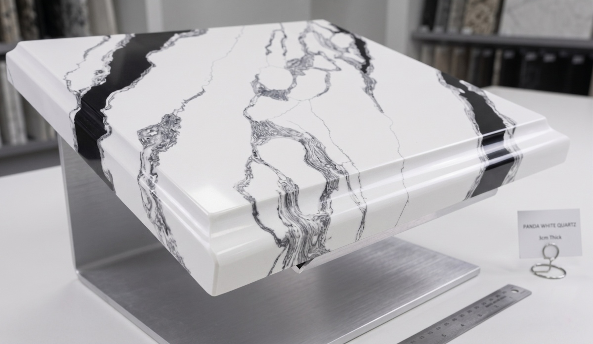 Polished Panda White engineered quartz for waterfall island design