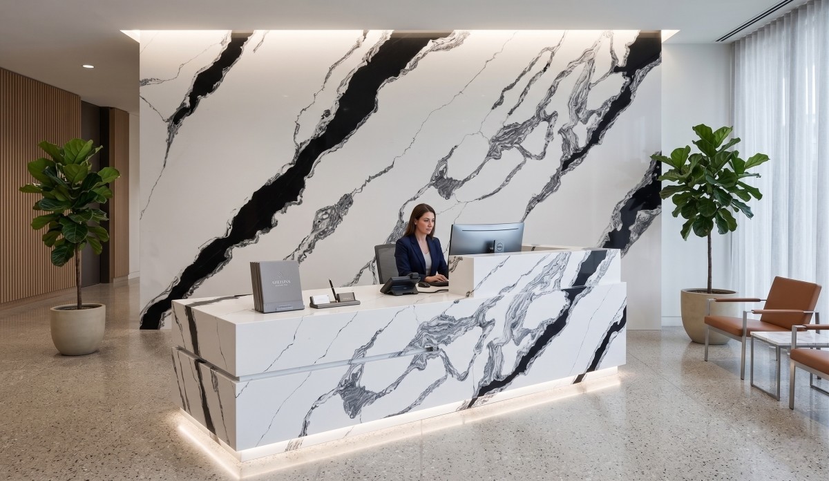 Panda White quartz slab for reception counter and wall cladding
