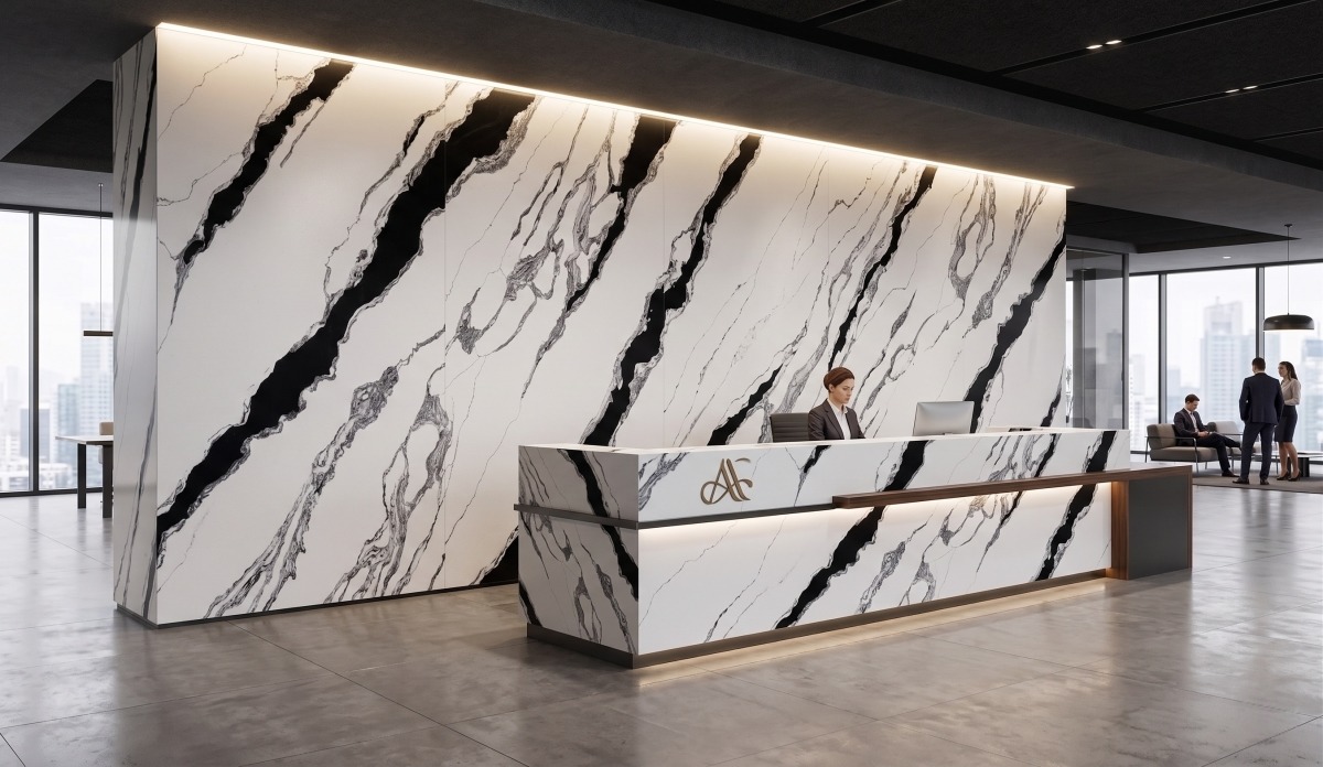 Black veined white quartz surface detail for interior design projects