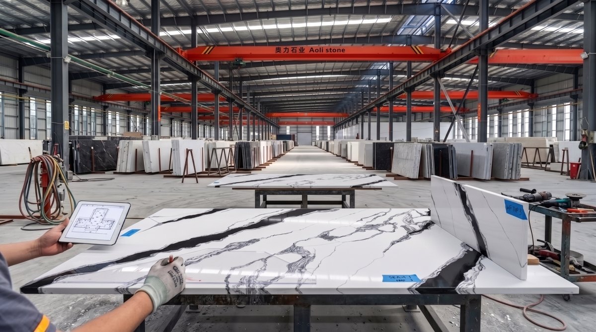 Panda White quartz stone slab displayed for B2B material selection