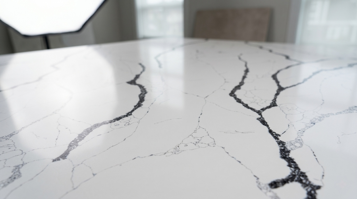 Large format engineered quartz slab with black marble-style veins