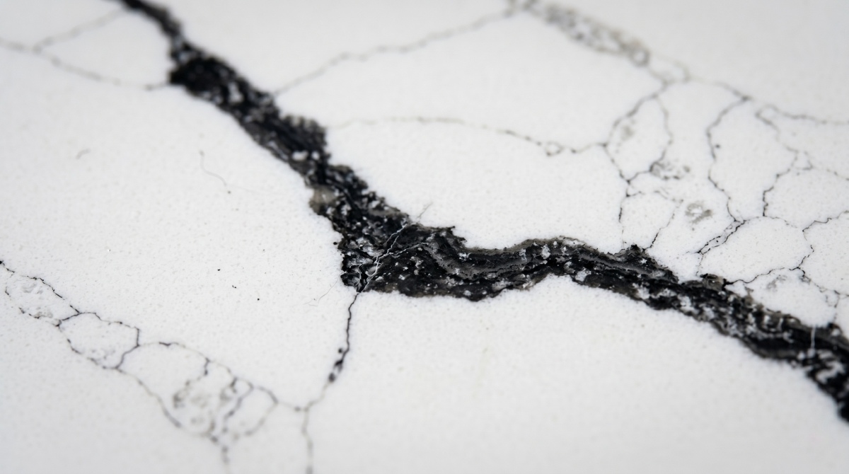 Graphite Rift White Quartz detail showing layered dark vein edges