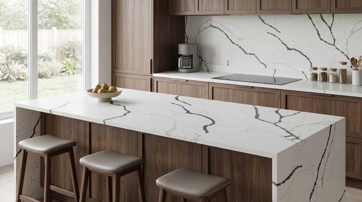 Black vein white quartz slab for modern interior countertop applications