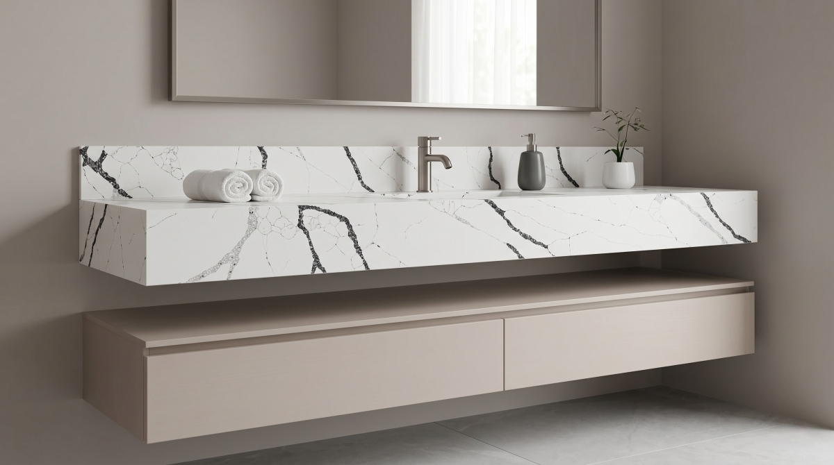 Statement white quartz slab for vanity tops and reception counters