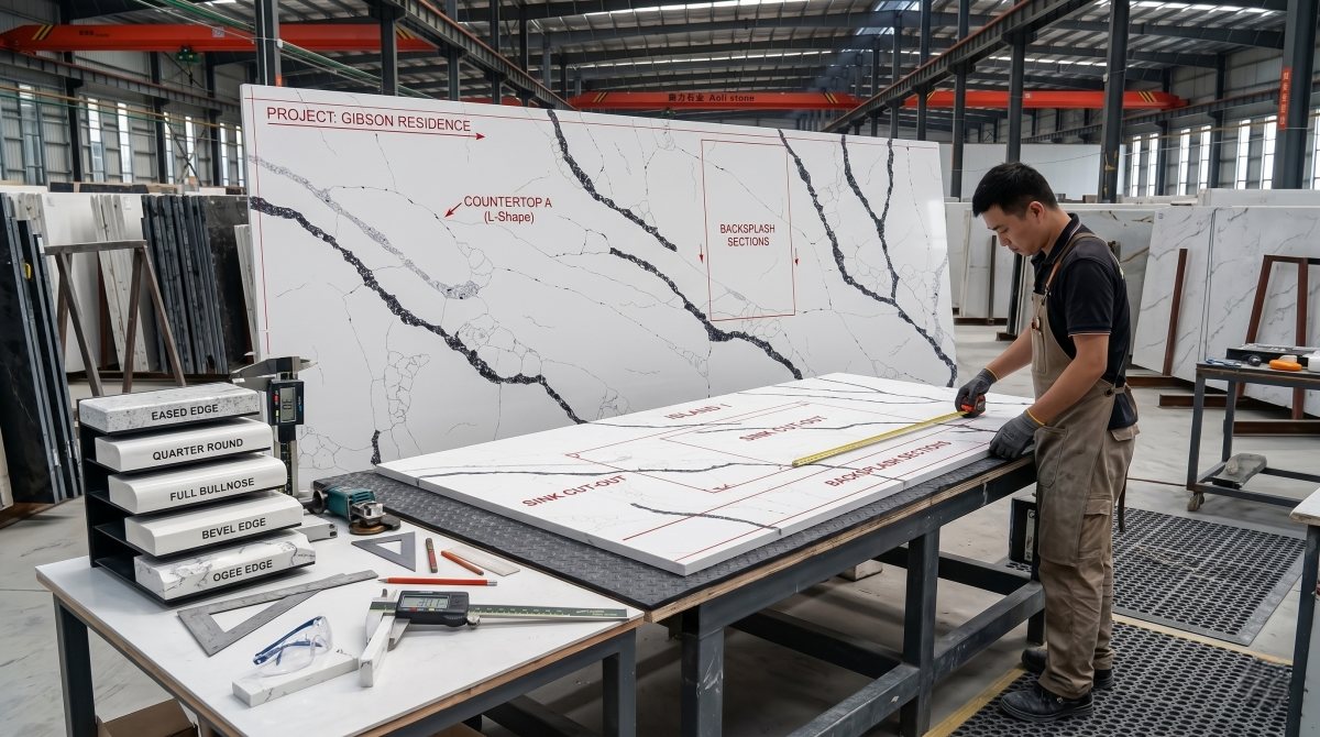 Commercial quartz slab with bold graphite veins and clean white field