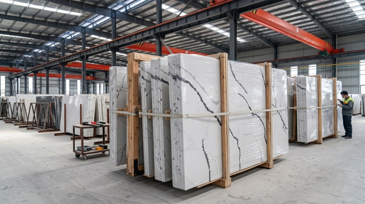 Aoli Stone white quartz slab with open white background and dark veins