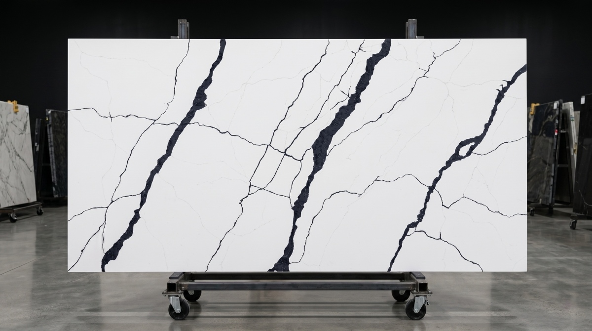 White engineered quartz slab on rack with strong charcoal grey vein movement