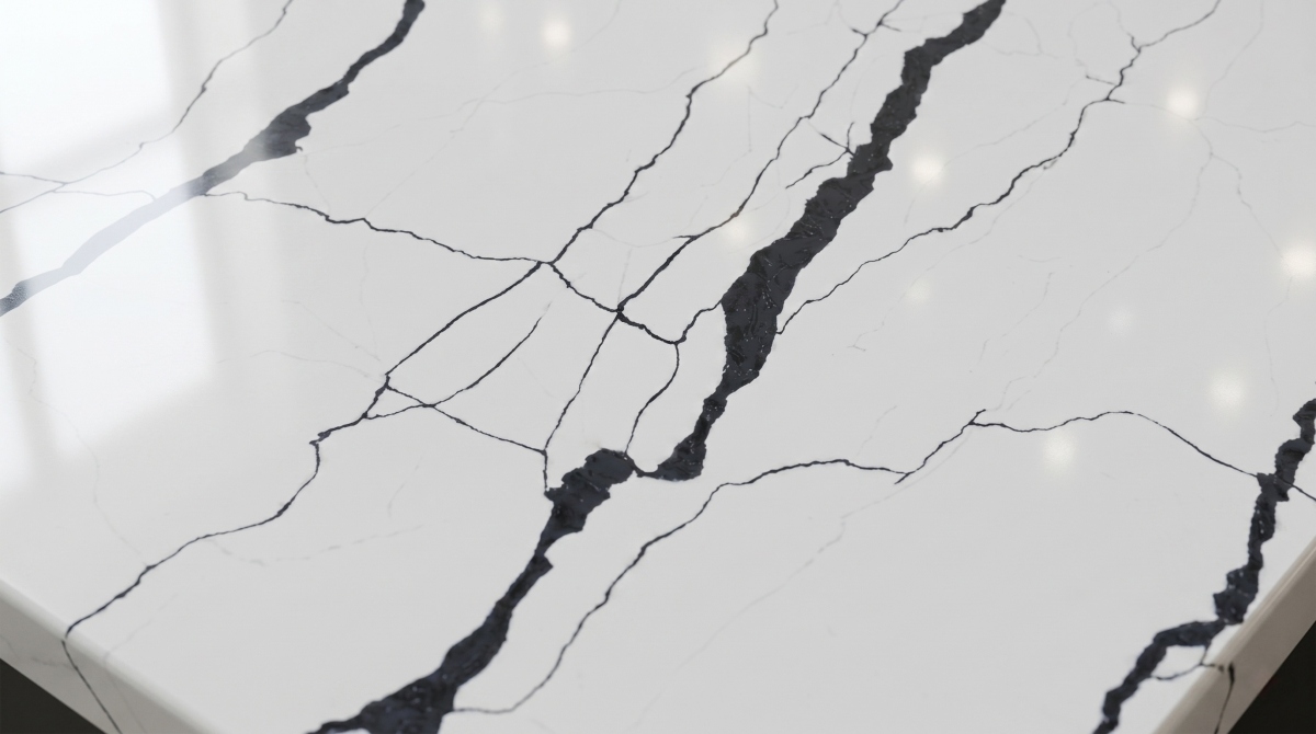 Polished white quartz surface detail with structured grey veining