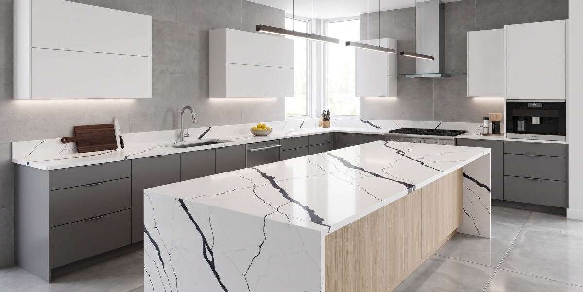Modern kitchen island using Steel Rift White Quartz countertop