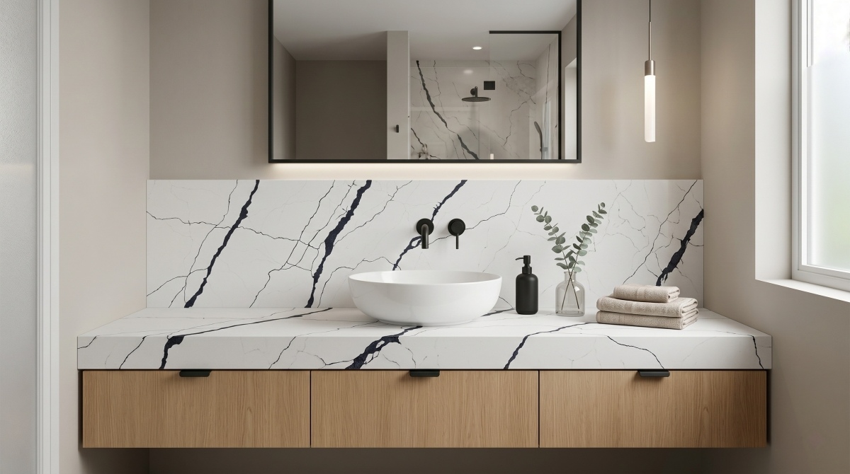 Bathroom vanity top made with Steel Rift White Quartz