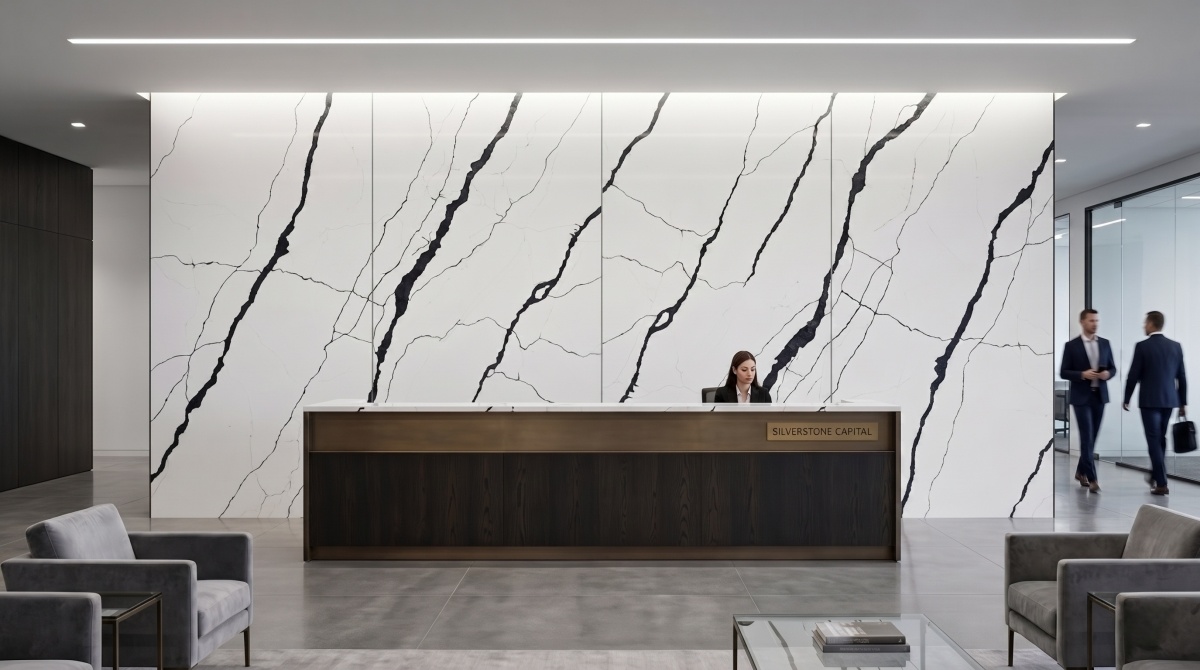 Reception counter application in white quartz with dark linear veining
