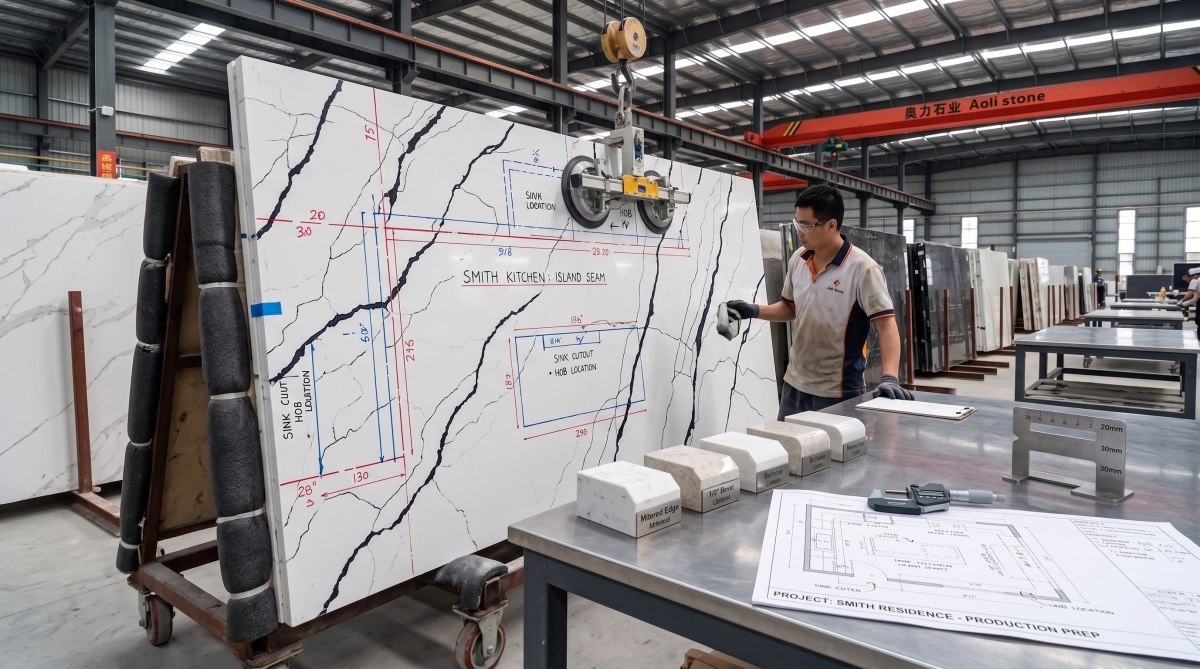 Fabrication planning image for Steel Rift White Quartz slab