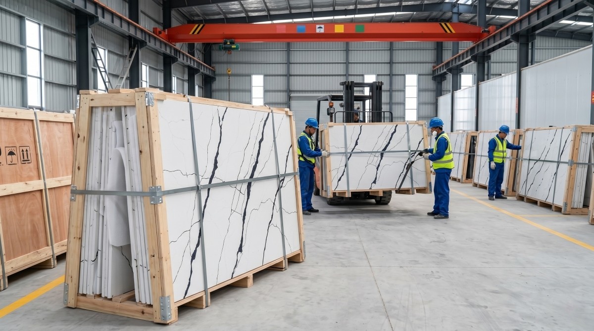 Export packing of white quartz slabs for countertop supply