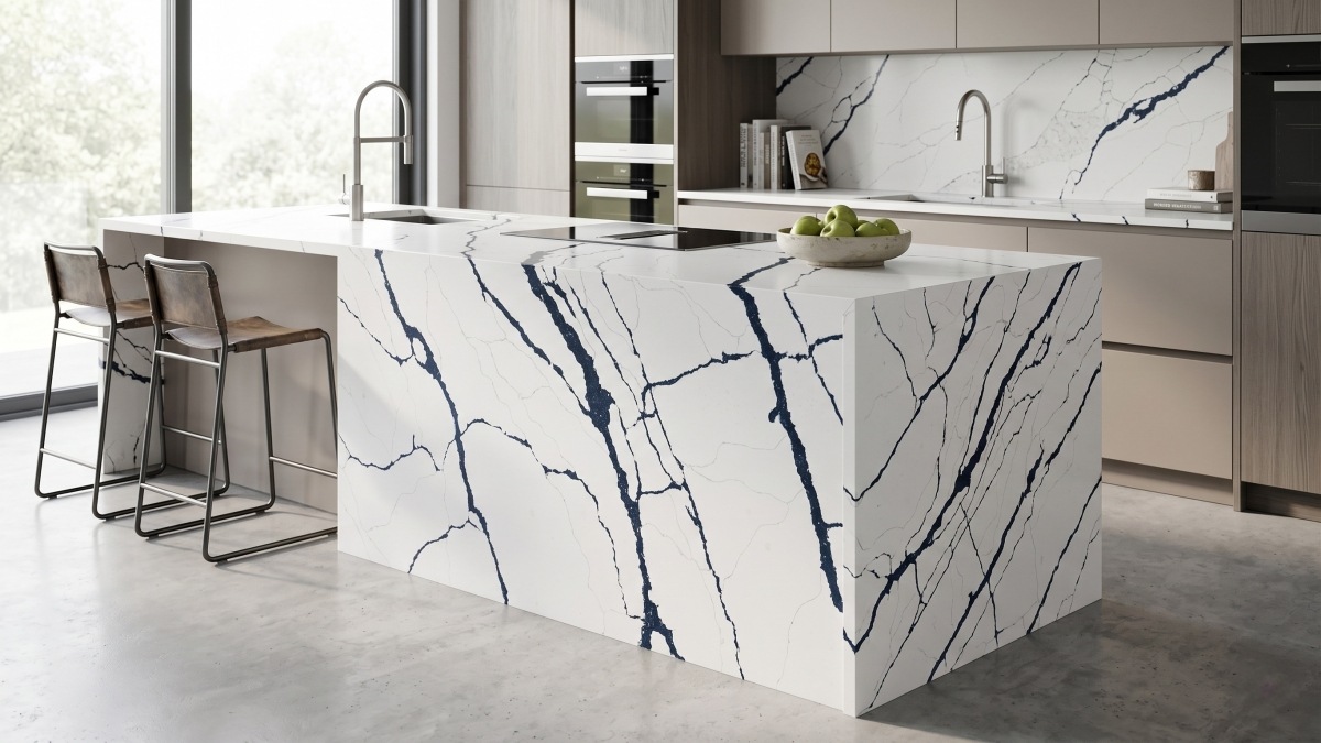 Arctic Rift Quartz slab with white base and deep blue black veining Arctic Rift Quartz slab with white base and deep blue black veining