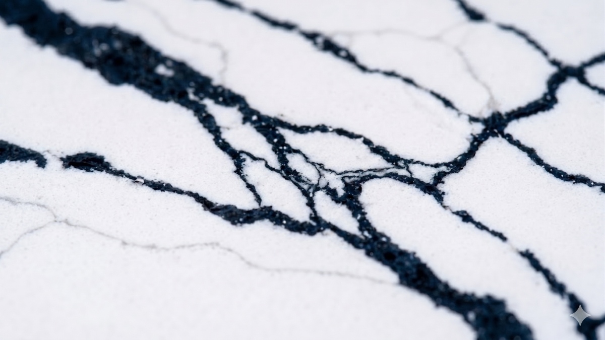 White quartz slab with dramatic dark rift veins close-up White quartz slab with dramatic dark rift veins close-up