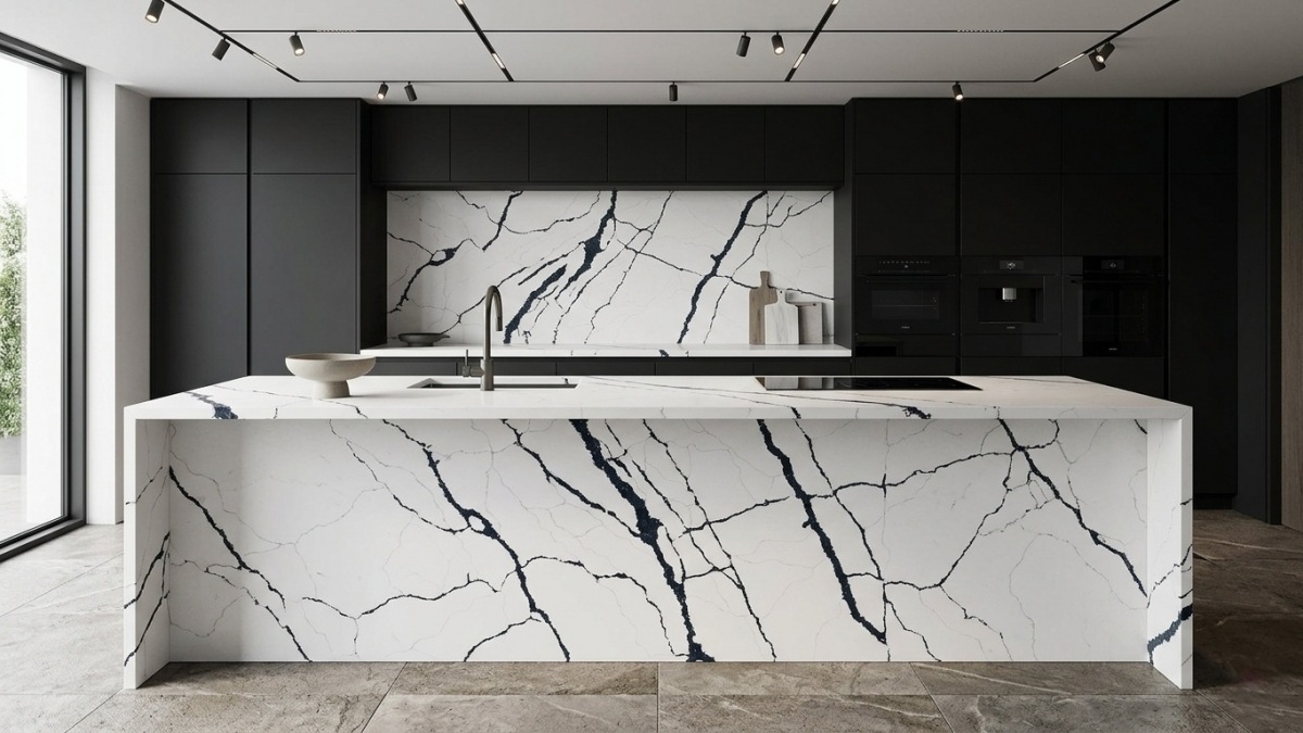 Arctic Rift Quartz kitchen waterfall island application Arctic Rift Quartz kitchen waterfall island application