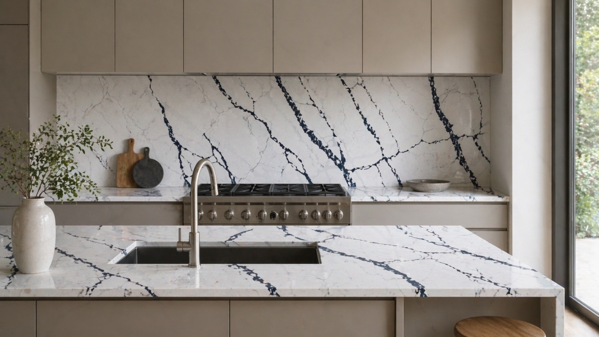 Arctic Rift Quartz countertop in modern white kitchen Arctic Rift Quartz countertop in modern white kitchen