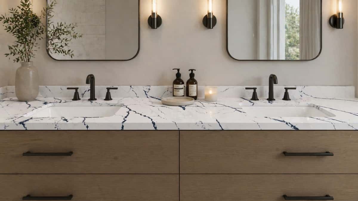 Arctic Rift Quartz bathroom vanity top application Arctic Rift Quartz bathroom vanity top application